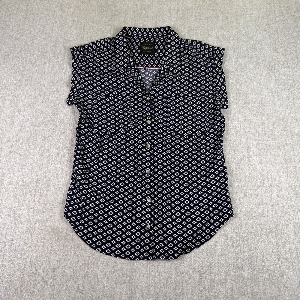 JACHS Girlfriend Button Down Shirt Women S Blue‎ Geometric Cap Sleeve Blouse
